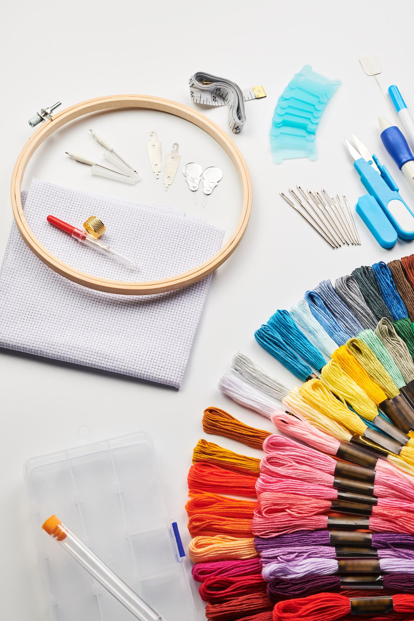 selection of embroidered swatches on table